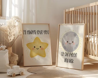 Zestaw wydruków „Zawsze będę cię kochać aż do księżyca i z powrotem”, dekoracja ścienna do pokoju dziecięcego z gwiazdami i księżycem, niebiański wystrój pokoju dziecięcego, neutralny wydruk do pokoju dziecięcego