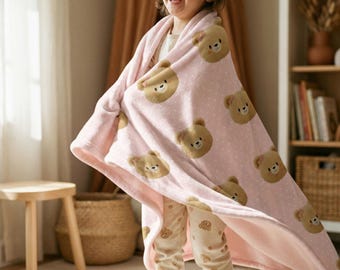 Pink Teddy Bear Baby Girl Blanket, Cute Bear Minky Throw, Baby Shower Gift, Soft Toddler Blanket, Newborn Girl Nursery Blanket Three Sizes