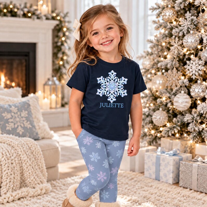 May include: A navy blue short-sleeved t-shirt featuring a large white and light blue snowflake graphic with the name JULIETTE printed below it, paired with light blue leggings covered in a repeating pattern of white and light blue snowflakes.
