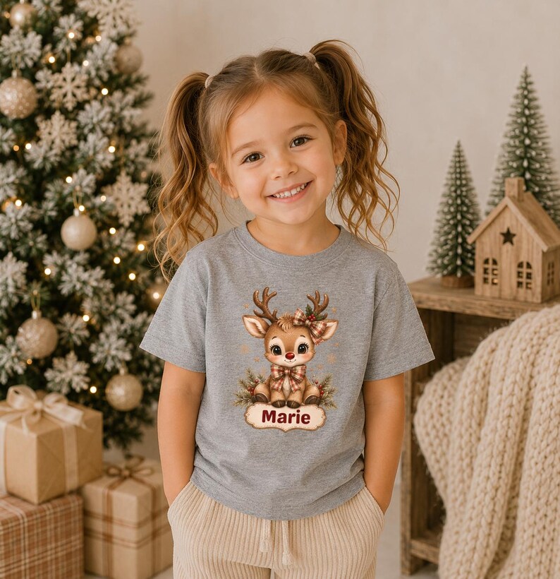 May include: A heather gray short-sleeved t-shirt featuring a graphic of a cartoon reindeer with a plaid bow and scarf. The reindeer is positioned above a decorative label containing the name Marie in dark red text, surrounded by pine branches.