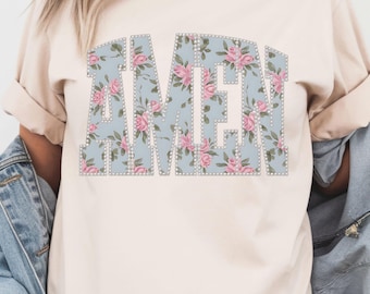 Koszulka AMEN z kwiatowym nadrukiem, styl vintage, niebiesko-różowy napis kwiatowy, prezent dla mamy, koszulka na Dzień Matki, luźny top w stylu boho, kobiecy design
