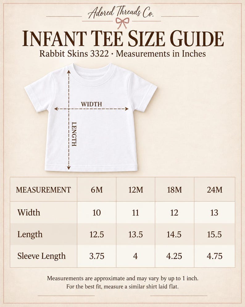 May include: An infant tee size guide chart for Rabbit Skins 3322 featuring a white t-shirt illustration with width and length arrows. A table displays measurements in inches for 6M, 12M, 18M, and 24M sizes, including width, length, and sleeve length.