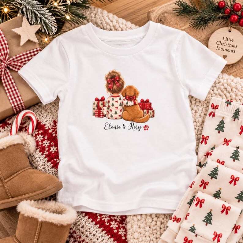 May include: A white short-sleeved t-shirt featuring a graphic of a child with a red bow in their hair and a golden dog sitting together surrounded by Christmas presents. The text "Elenie & Rory" is printed below the illustration in black script.