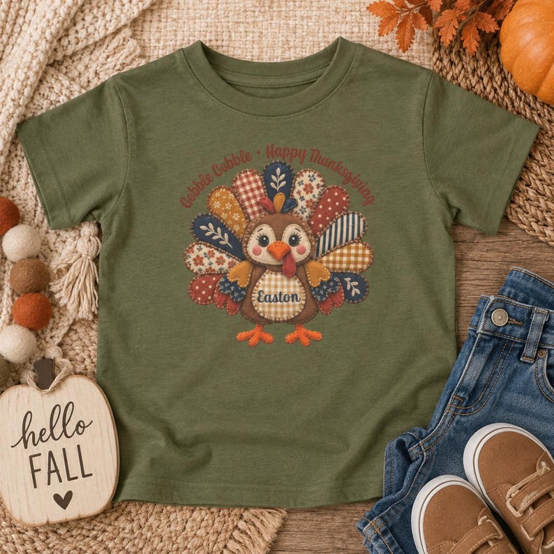 May include: An olive green short-sleeve t-shirt featuring a central graphic of a turkey with patchwork-style feathers in various patterns and colors. The text "Gobble Gobble" and "Happy Thanksgiving" arches above, with the name "Easton" on the turkey.