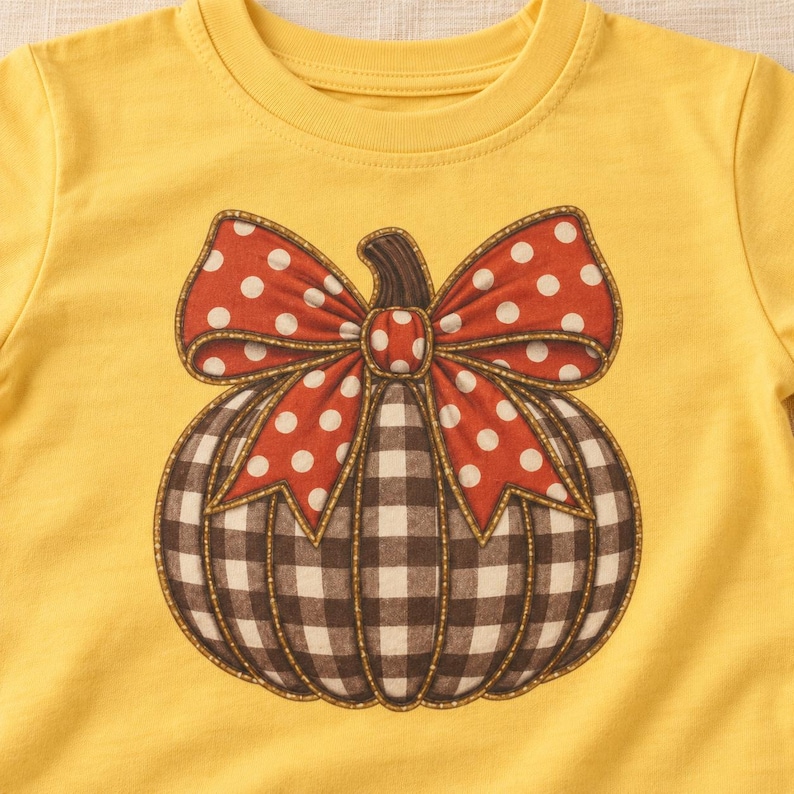 May include: A bright yellow short-sleeve t-shirt featuring a central graphic of a pumpkin with a black and white buffalo check pattern. The pumpkin is topped with a large red bow decorated with white polka dots and outlined in gold stitching.
