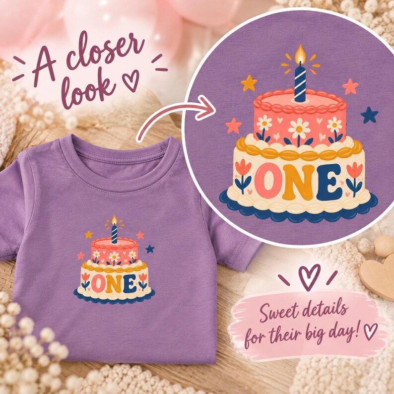 May include: A purple t-shirt featuring a graphic of a two-tiered birthday cake with the word ONE printed on the bottom layer. The cake is decorated with white flowers, a single lit candle on top, and surrounded by small colorful stars.