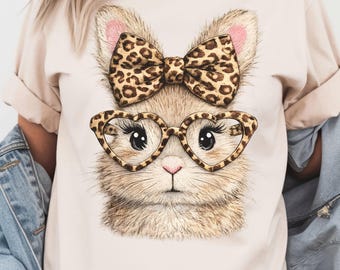 Koszulka wielkanocna, koszulka z kokardą w panterkę i okularami, prezent dla miłośnika królików, koszulka z grafiką