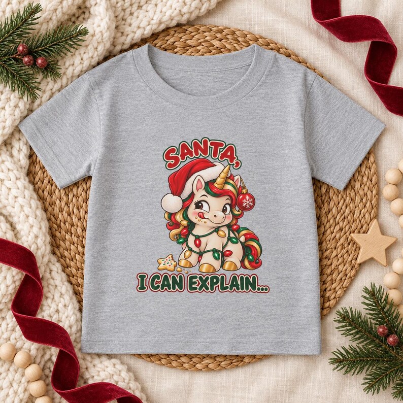 May include: A heather gray short-sleeve t-shirt featuring a graphic of a cartoon unicorn wearing a Santa hat, wrapped in colorful Christmas lights, and holding a red ornament. The text reads SANTA, I CAN EXPLAIN... above and below the unicorn.