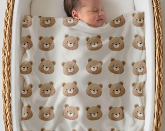 Teddy Bear Baby Blanket, Cute Bear Face Throw Blanket, Newborn Baby Shower Gift, Toddler Fleece Blanket, Kids Soft Cozy Blanket Three Sizes
