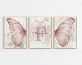 Spersonalizowany zestaw 3 dekoracji ściennych do pokoju dziecięcego z motylami, nadruk imienia dziewczynki, inicjał, dekoracja pokoju dziecięcego, różowy motyl do druku