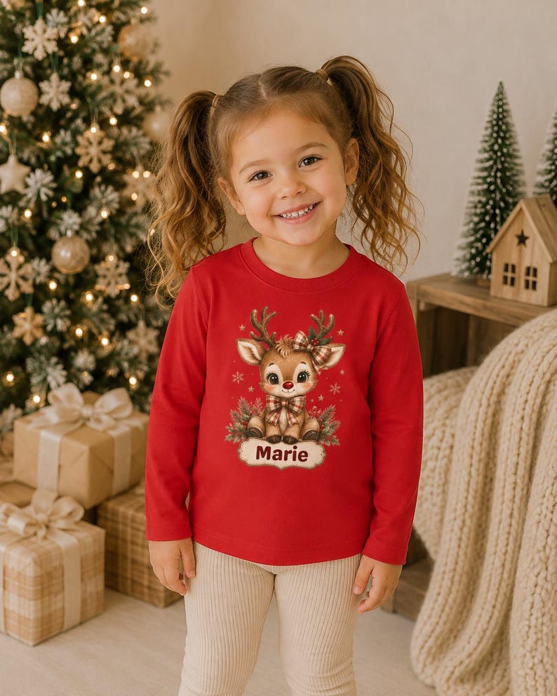 May include: A long-sleeved red shirt featuring a graphic illustration of a cartoon reindeer with a plaid bow and antlers, centered above a white name tag with the text Marie printed in brown, surrounded by small snowflakes and pine branches.