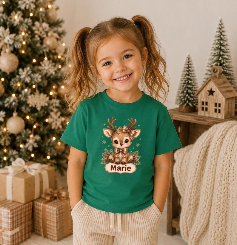 May include: A green short-sleeved t-shirt featuring a graphic of a cartoon reindeer with a plaid bow and scarf. The reindeer is surrounded by small snowflakes and pine branches. Below the reindeer, the name Marie is printed in brown text.