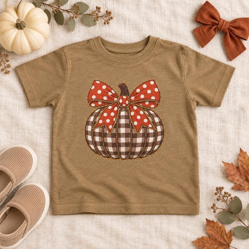 May include: A tan short-sleeve t-shirt featuring a central graphic of a pumpkin with a black and white buffalo plaid pattern, topped with a large red bow decorated with white polka dots, outlined in a thin gold stitch detail.