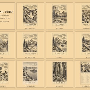 May include: A printable bundle titled THE ICONIC PARKS featuring 10 etching prints of national parks including Yellowstone, Yosemite, Grand Canyon, Zion, Grand Teton, Glacier, Acadia, Joshua Tree, Crater Lake, Redwood, and a 63 parks checklist.