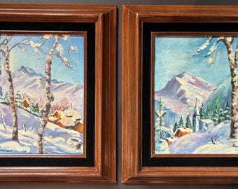 Vintage Winter Mountain Paintings Set | Signed Foster 1951 Alpine Village Art