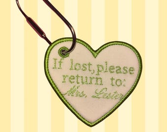 Personalized Embroidered Heart Bag Tag, Bridal Bachelorette Party Favor, Wedding Gift