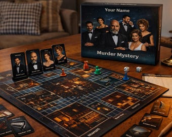 May include: A Murder Mystery board game set featuring a box with a group portrait, a game board with a grid layout, character cards, coloured player tokens, two dice, and a score sheet. A lit candle in a brass holder sits nearby.