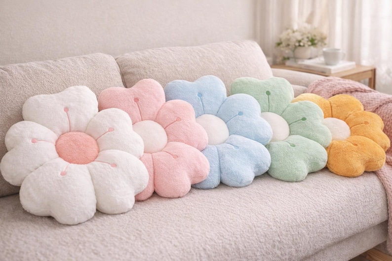 May include: A selection of flower-shaped cushions in pastel shades of white, pink, blue, green, and yellow. The cushions are arranged on a light-coloured sofa, creating a soft and inviting aesthetic.