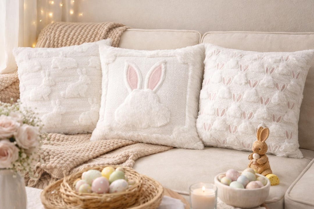 Quilted Bunny Pillow Cover: Plush Embroidered Rabbit, Easter Decor - Etsy