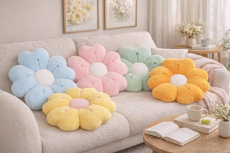 May include: Five flower-shaped cushions in pastel shades of blue, pink, green, yellow, and orange. Each cushion has a white centre. The cushions are arranged on a cream-coloured sofa, creating a cheerful and inviting atmosphere.