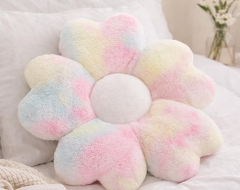 Pastel Flower Plush Cushion, Soft Tie Dye Floor Pillow, Cozy Room Decor