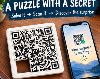 May include: A white square sliding tile puzzle featuring black and white QR code segments, positioned next to a smartphone displaying a scanned QR code with the text Your surprise is waiting. The image includes the text A PUZZLE WITH A SECRET.
