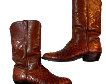 Stivali vintage anni '80 Lucchese in pelle di struzzo da uomo, taglia 9.5, marroni, stile western cowboy, esotici, prodotti negli Stati Uniti.