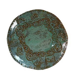 Vintage Filigree Pottery Plate Green Scroll Embossed Artisan Cottagecore Decor