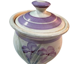 Vintage Handmade Studio Pottery Garlic Keeper Jar Lidded Floral Purple Farmhouse