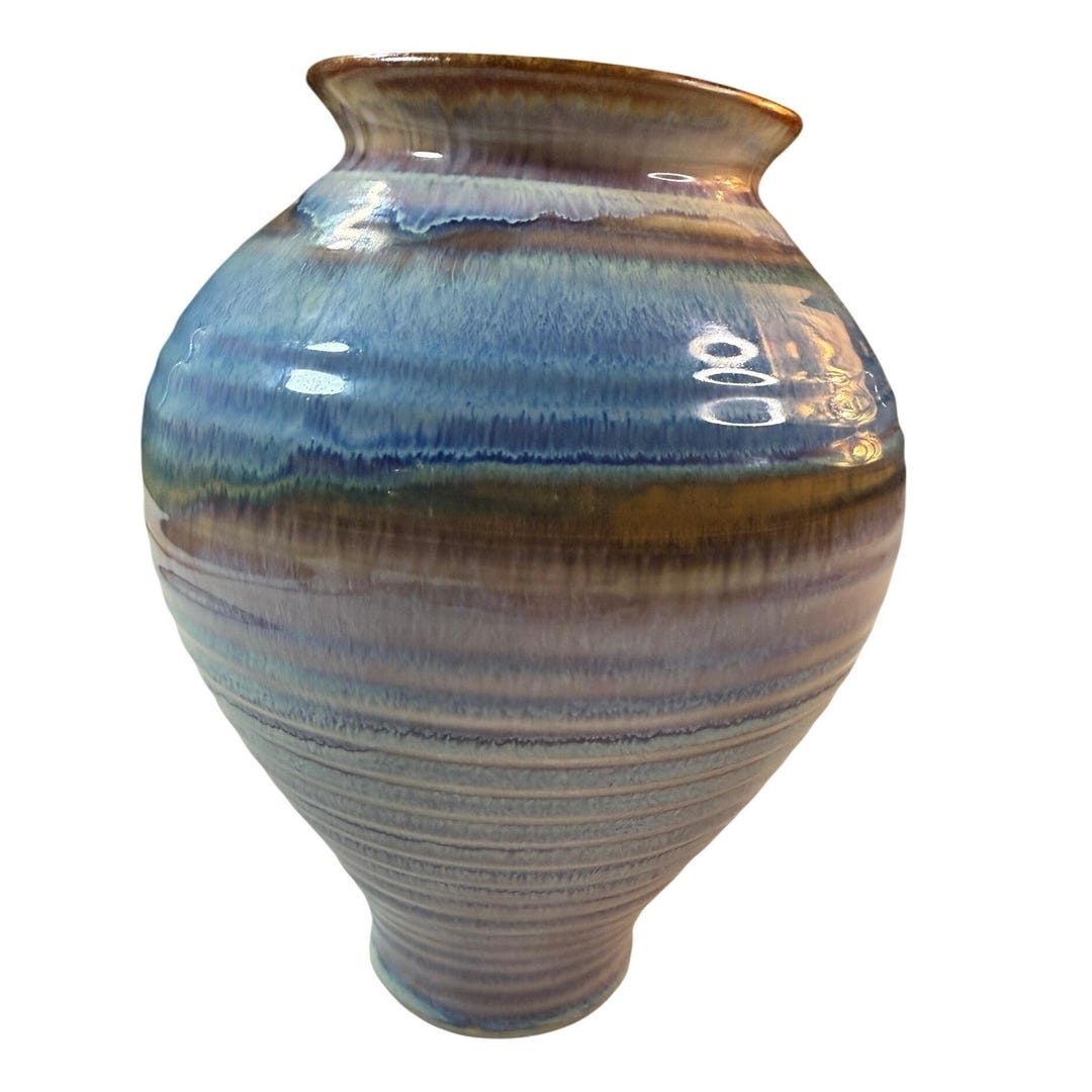 Vintage Studio Pottery Vase Blue Brown Drip Glaze MCM Handmade Wheel ...