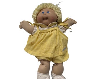Vintage 80s Cabbage Patch Kids Blonde Yarn Hair Doll Girl Yellow Dress Shoes