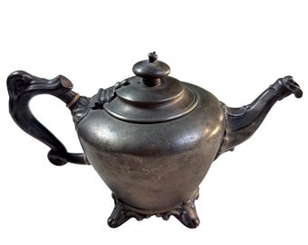 Antike Teekanne aus Zinn von Richard Parkin aus Sheffield, hergestellt um 1850 im viktorianischen Britannia-Metallstil.