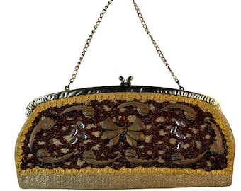 Złota kopertówka z koralikami z lat 60. XX wieku, Cadoro Houston Texas, wieczorowa torebka w kwiaty, retro