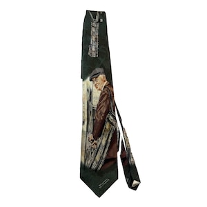May include: Dark green necktie featuring a detailed illustration of a man in a brown coat and cap, carrying a bag. The tie has a repeating pattern of a smaller version of the illustration. The artist's signature is visible.