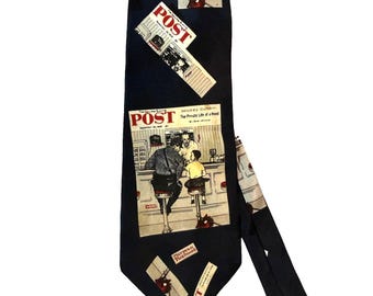 Corbata vintage Norman Rockwell para hombre, azul, 100% seda, Saturday Evening Post Diner