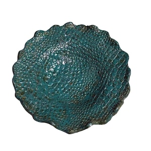 Vintage Studio Pottery Bowl Teal Textured Pebble Organic Art Ceramic Reptile