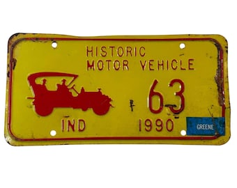 Targa vintage dell'Indiana del 1990, veicolo a motore storico, contea di Greene, colore giallo.