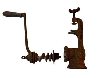 Antique Cast Iron Meat Grinder No. 11 Hand Crank Table Clamp Primitive Kitchen