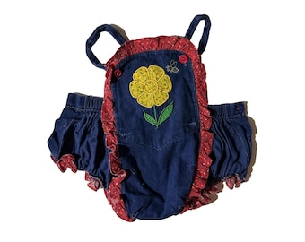 Vintage Texsis Baby Romper 3-6 mo Denim Floral Ruffle Bloomers Overalls 90s Cute
