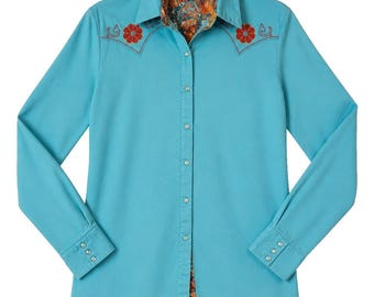 Camisa vaquera vintage turquesa para mujer, talla L, con bordado floral de pájaros y botones de perlas.