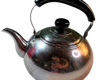 Vintage Potobelo Whistling Tea Kettle Stainless Steel  Black Handle 2 Qt