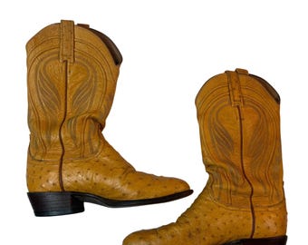 Lucchese Avestruz Cowboy Botas Hombres 9C Tan Honey Western Snip Toe Vintage USA