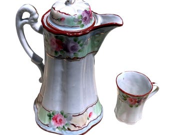 Vintage Hand Painted Porcelain Coffee Pot Floral Gold Japan Tea Chocolate Pot