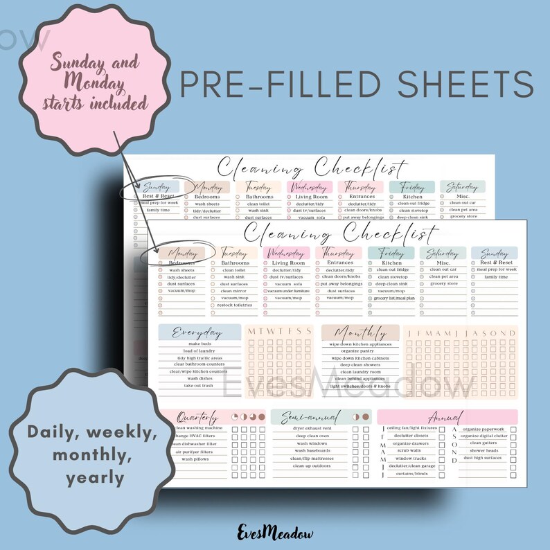 May include: A pre-filled cleaning checklist with sections for daily, weekly, monthly, and yearly tasks. The checklist includes headings for each day of the week, with space to check off completed tasks. The text "Sunday and Monday starts included" is visible. 

Simple Organization System Minimalist Cleaning Checklist Digital Download Printable Pdf Format Adhd Friendly Planner Pastel Aesthetic Household Management Tool Visual Task Tracker Home Maintenance Schedule Executive Function Support