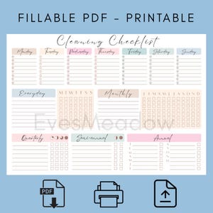 May include: A printable cleaning checklist with sections for daily, weekly, monthly, quarterly, semi-annual, and annual tasks. The design features pastel colors and the text "FILLABLE PDF - PRINTABLE" at the top.

Neurodivergent Friendly Planner Minimalist Cleaning Checklist Digital Download Printable Pdf Format Simple Organization System Household Management Tool Visual Task Tracker Pastel Design Layout Executive Function Support Home Maintenance