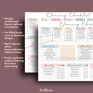 May include: A cleaning checklist with a simple, uncluttered layout. The checklist includes pre-filled tasks and blank spaces for personalization. The design features a soft color palette and sections for daily, weekly, and monthly tasks.

Simple Organization System Minimalist Cleaning Checklist Digital Download Printable Pdf Format Adhd Friendly Planner Pastel Design Aesthetic Household Management Tool Visual Task Tracker Home Maintenance Schedule Executive Function Support