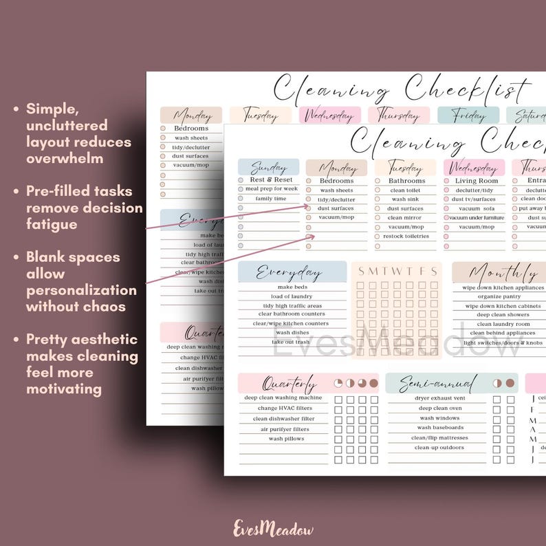 May include: A cleaning checklist with a simple, uncluttered layout. The checklist includes pre-filled tasks and blank spaces for personalization. The design features a soft color palette and sections for daily, weekly, and monthly tasks.

Simple Organization System Minimalist Cleaning Checklist Digital Download Printable Pdf Format Adhd Friendly Planner Pastel Design Aesthetic Household Management Tool Visual Task Tracker Home Maintenance Schedule Executive Function Support