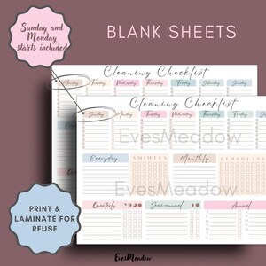 May include: Two white cleaning checklist sheets with pastel headers for each day of the week. The sheets include sections for everyday, monthly, quarterly, semi-annual, and annual tasks. The text "Blank Sheets" is at the top.

Digital Download Planner Printable Cleaning Checklist Minimalist Design Adhd Friendly System Household Organization Schedule Simple Layout Structure Visual Task Management Home Maintenance Tracker Pastel Color Scheme Executive Function