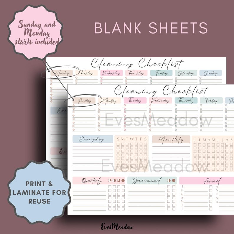 May include: Two white cleaning checklist sheets with pastel headers for each day of the week. The sheets include sections for everyday, monthly, quarterly, semi-annual, and annual tasks. The text "Blank Sheets" is at the top.

Digital Download Planner Printable Cleaning Checklist Minimalist Design Adhd Friendly System Household Organization Schedule Simple Layout Structure Visual Task Management Home Maintenance Tracker Pastel Color Scheme Executive Function