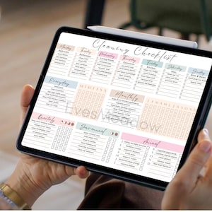 May include: A digital cleaning checklist displayed on a tablet. The checklist is divided into daily, weekly, monthly, quarterly, semi-annual, and annual tasks. The text "Cleaning Checklist" is at the top.

Household Organization Planner Minimalist Cleaning System Adhd Friendly Checklist Digital Download Printable Format Simple Visual Management Tool Home Maintenance Schedule Pastel Design Layout Executive Function Support Daily Task Tracker